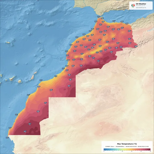 Morocco maximum temperature forecast map