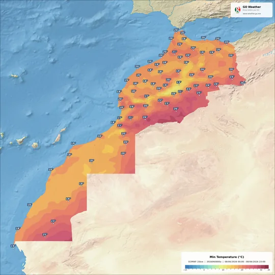 Morocco minimum temperature forecast map