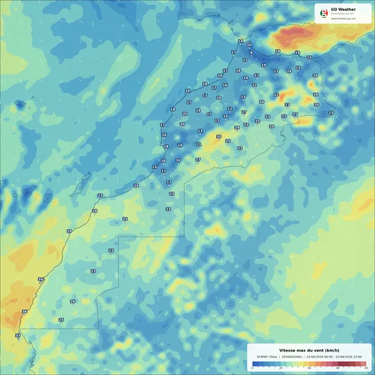 Carte de la vitesse du vent au Maroc