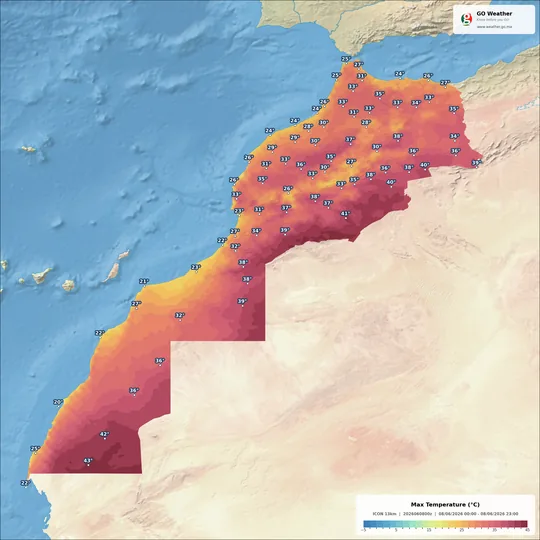 Morocco maximum temperature forecast map