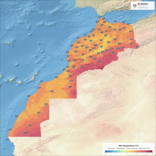 Morocco minimum temperature forecast map
