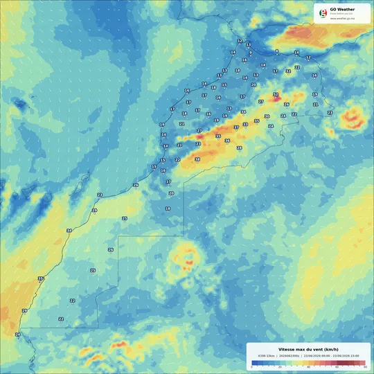Carte de la vitesse du vent au Maroc